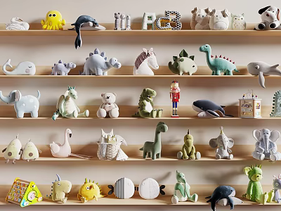 Cute Assorted Stuffed Animal Dolls Display On Wooden Shelves For Kids Room Decoration 3d model