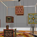 Art Installation With Golden Frame Structure Hanging Decorative Cubes And Colorful Spiral Floor Pattern