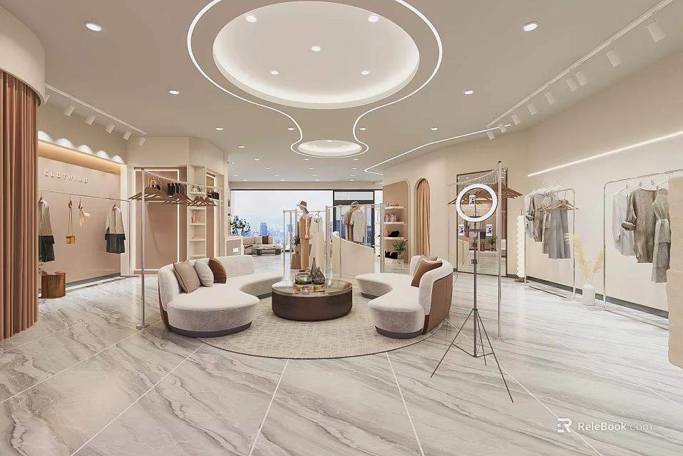Modern Elegant Clothing Store Interior Design With Cozy Rest Zone And Clothing Display Racks 3d model 