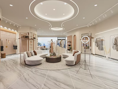 Modern Elegant Clothing Store Interior Design With Cozy Rest Zone And Clothing Display Racks 3d model