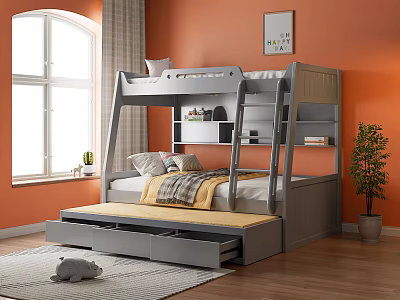 Gray Bunk Bed with Trundle and Storage Drawers in Orange Bedroom with Window and Plant 3d model