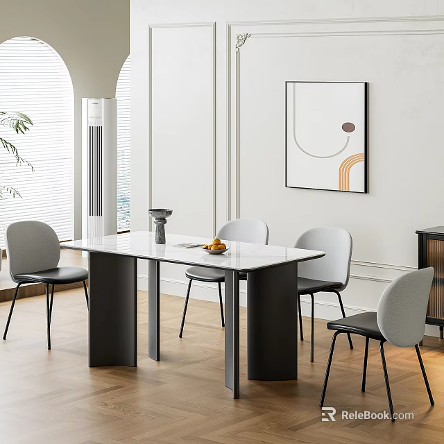 Minimalist Dining Table Set With White Marble Top Black Legs And Grey Chairs 3d model 