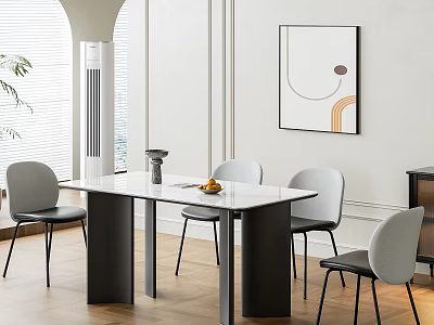 Minimalist Dining Table Set With White Marble Top Black Legs And Grey Chairs 3d model