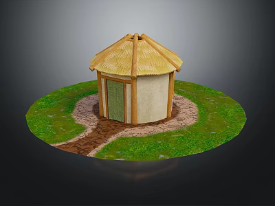 Cartoon Scene Featuring Round Hut With Thatched Roof Green Door Grassy Area And Dirt Path 3d model