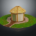 Cartoon Scene Featuring Round Hut With Thatched Roof Green Door Grassy Area And Dirt Path