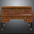 Ornate Wooden Writing Desk With Red Finish Golden Accents And Decorative Patterns