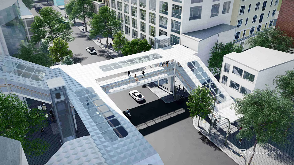 Modern Urban Bridge Connecting Buildings Over Street With Vehicles And Pedestrians 3d model 