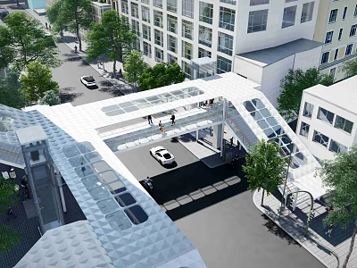Modern Urban Bridge Connecting Buildings Over Street With Vehicles And Pedestrians 3d model