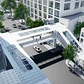 Modern Urban Bridge Connecting Buildings Over Street With Vehicles And Pedestrians