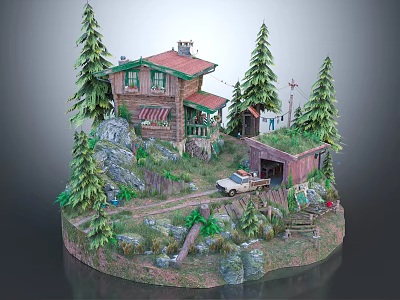 Charming Cartoon Scene With Small House Pine Trees Rocks And Vintage Car 3d model