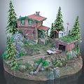 Charming Cartoon Scene With Small House Pine Trees Rocks And Vintage Car