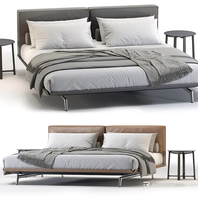 Modern Double Bed With Leather Headboard Gray Bedding And Side Table 3d model 