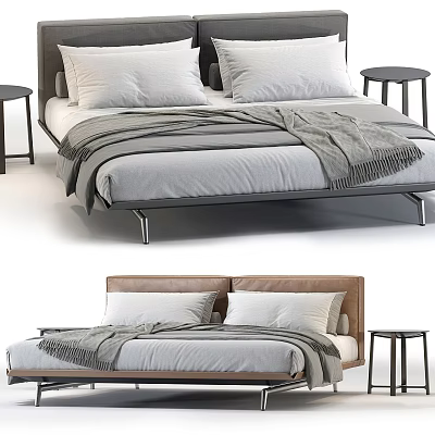 Modern Double Bed With Leather Headboard Gray Bedding And Side Table 3d model