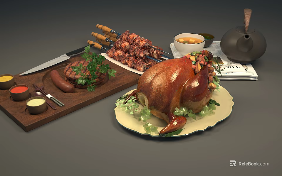 Delicious Roasted Turkey With Grilled Meat Skewers Steak And Sausages On Wooden Board 3d model 