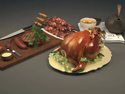 Delicious Roasted Turkey With Grilled Meat Skewers Steak And Sausages On Wooden Board 3d model