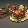 Delicious Roasted Turkey With Grilled Meat Skewers Steak And Sausages On Wooden Board