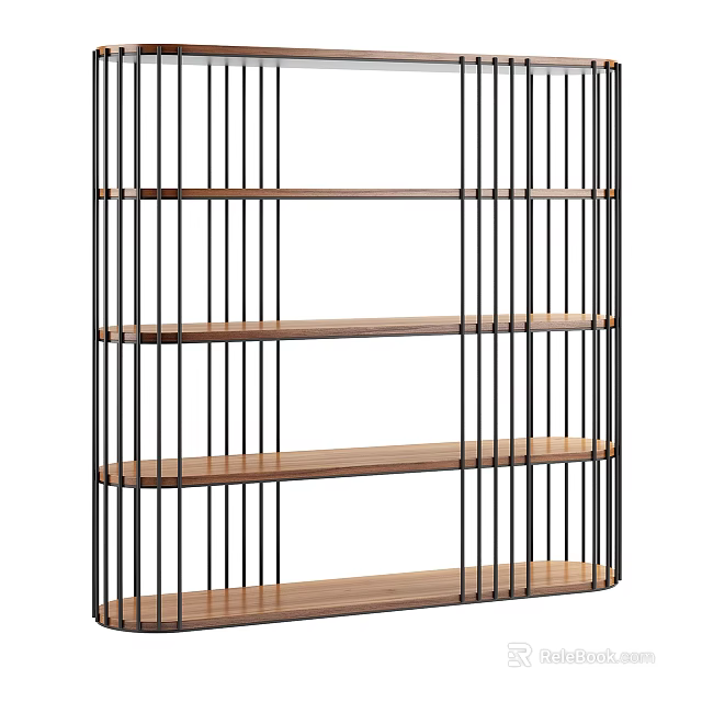 Modern Bookshelf Design With Black Metal Frame And Wooden Shelves 3d model 