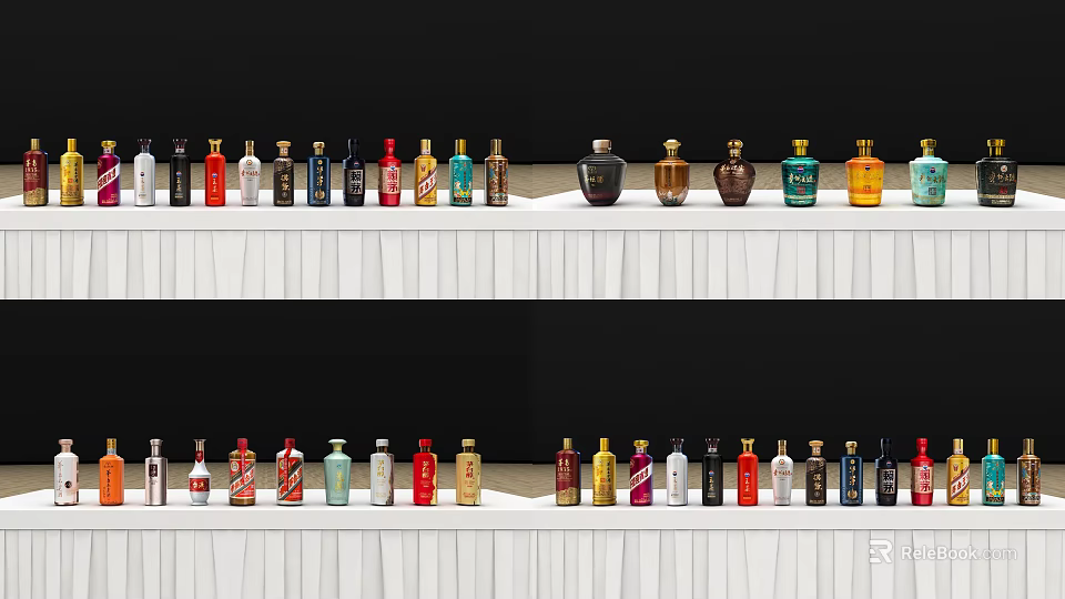 Colorful Wine Bottles And Wine Glasses Arranged On White Shelves With Black Background 3d model 