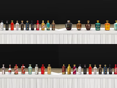 Colorful Wine Bottles And Wine Glasses Arranged On White Shelves With Black Background 3d model