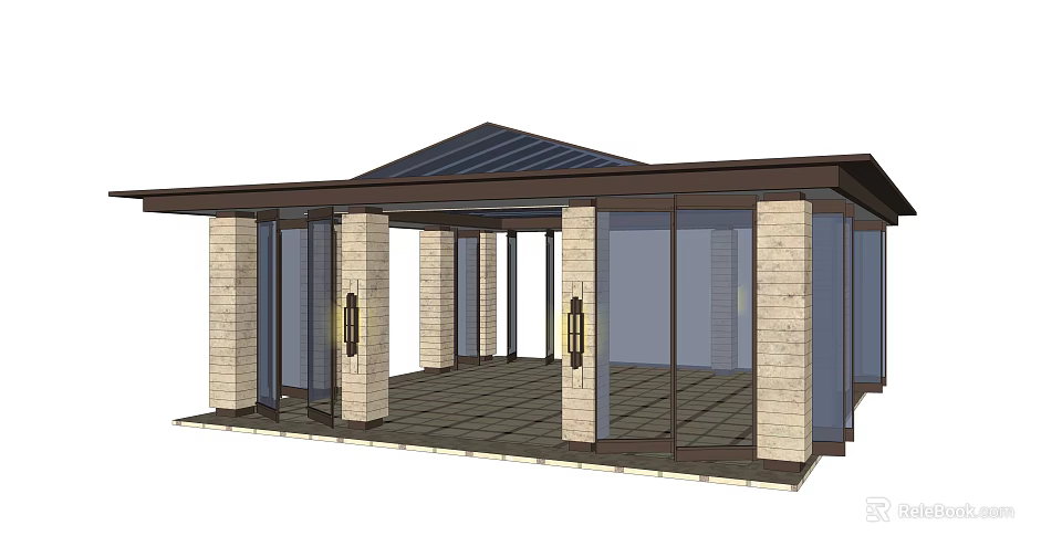Modern Outdoor Structure With Stone Pillars Glass Walls Sloped Roof And Dark Flooring 3d model 