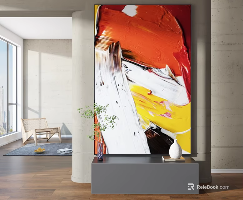 Modern Living Space With Large Abstract Painting Decor 3d model 