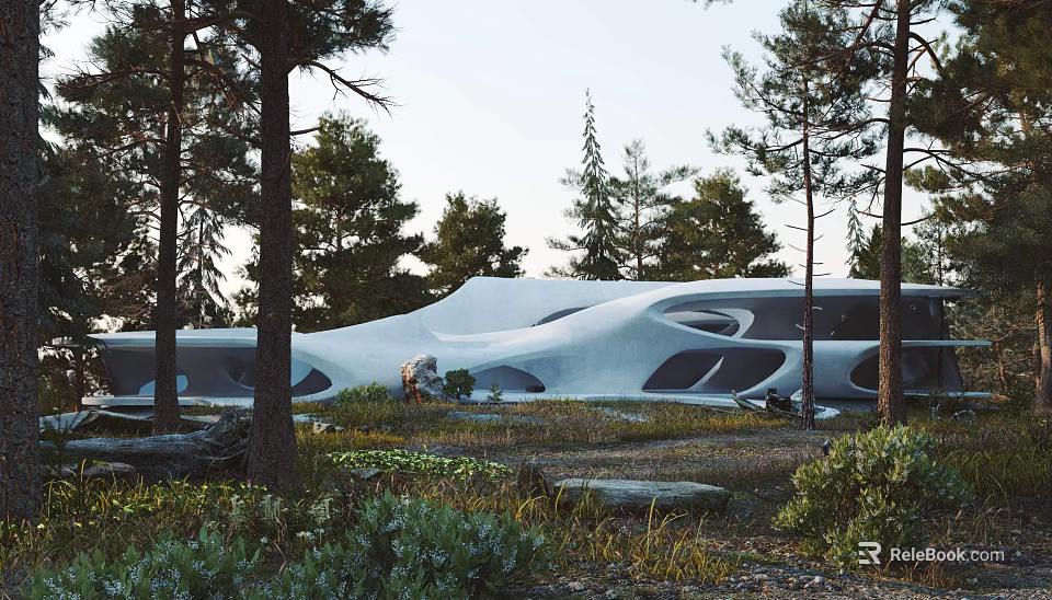 Contemporary Villa Architecture With Unique Curved Roof And Scenic Woodland Surroundings 3d model 