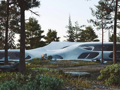 Contemporary Villa Architecture With Unique Curved Roof And Scenic Woodland Surroundings 3d model