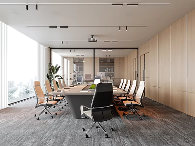 Modern Conference Room With Large Windows City View Conference Table And Wooden Walls 3d model