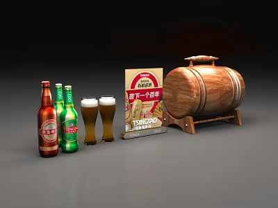 Beer Bottles And Glasses With Wooden Barrel And Box On 3d model