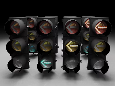 Outdoor Traffic Signal Lights With Black Housing Red Yellow Green Arrows And Illuminated Indicators 3d model