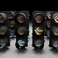 Outdoor Traffic Signal Lights With Black Housing Red Yellow Green Arrows And Illuminated Indicators
