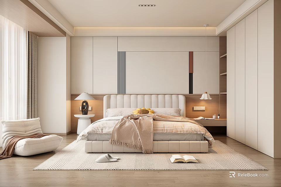 Modern Bedroom Interior With Bed Headboard Nightstands Table Lamps Curtains Rug And Built In Cabinets 3d model 