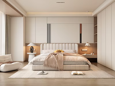 Modern Bedroom Interior With Bed Headboard Nightstands Table Lamps Curtains Rug And Built In Cabinets 3d model