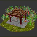 Chinese Style Pavilion With Red Tiled Roof Red Pillars And Bamboo Plants On Grass