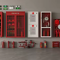 Red Fire Equipment Storage Cabinets With Extinguishers Hydrants And Alarm Systems 3d model