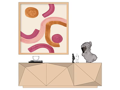 Abstract Artwork With Pink Orange Curves On Geometric Console Table With Decorative Figurines 3d model