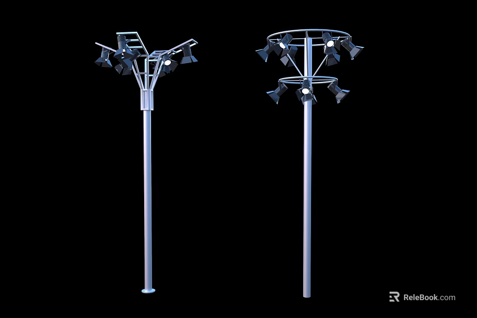 Outdoor Street Lights With Multiple Light Heads And Silver Metal Poles Design 3d model 
