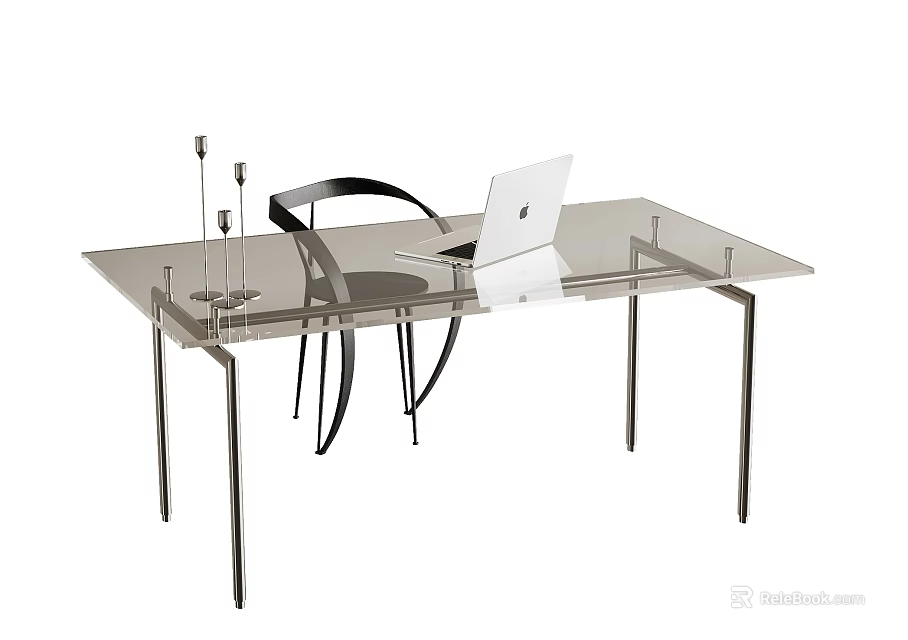 Modern Glass Top Computer Desk With Metal Frame And Laptop Chair Setup 3d model 