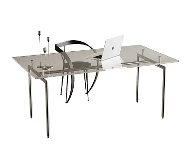 Modern Glass Top Computer Desk With Metal Frame And Laptop Chair Setup 3d model