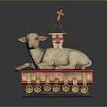 Lamb Sculpture Adorned with Cross Flag on Red Cushion and Stacked Books with Golden Medallions
