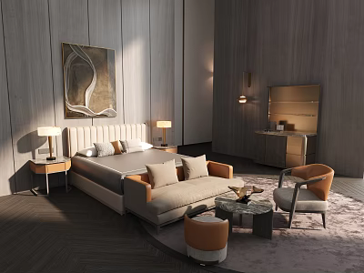 Modern Hotel Guest Room With King Bed Sofa Decorative Artwork And Wooden Walls 3d model