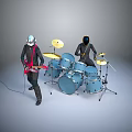 Two Futuristic Suited Characters Playing Red Electric Guitar And Blue Drum Set Against Gray Background