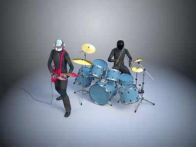 Two Futuristic Suited Characters Playing Red Electric Guitar And Blue Drum Set Against Gray Background 3d model