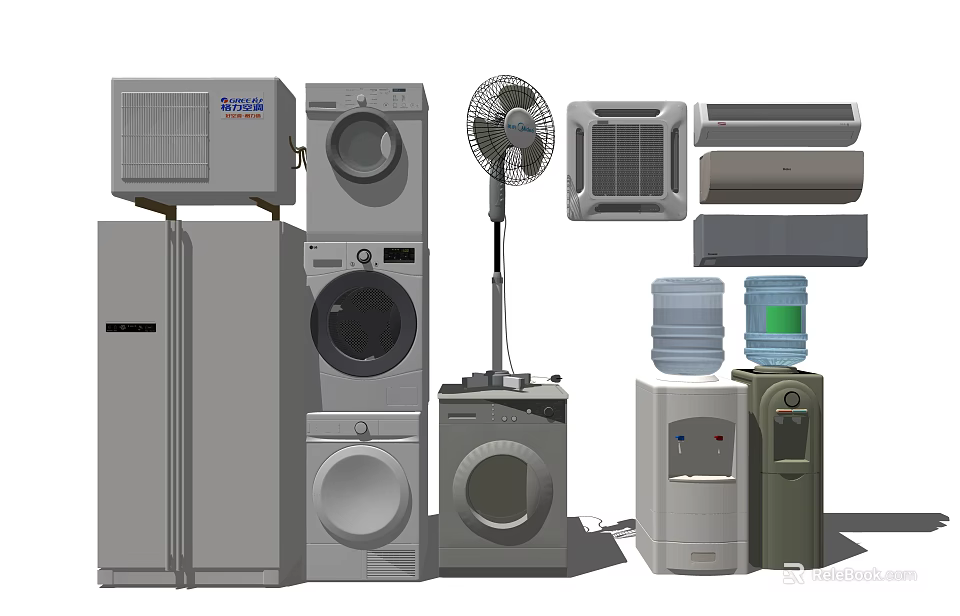Modern Smart Machines For Home Featuring Refrigerator Washing Machine Air Conditioner Fan And Water Dispenser 3d model 