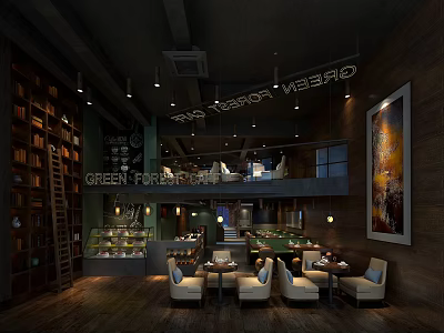 Green Pearl Restaurant Interior With Wooden Bookshelves Large Painting Chandeliers And Open Dining Area 3d model