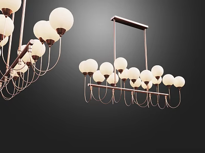 Stylish Chandeliers Featuring Multiple Spherical Bulbs On Curved And Rectangular Metal Frames 3d model