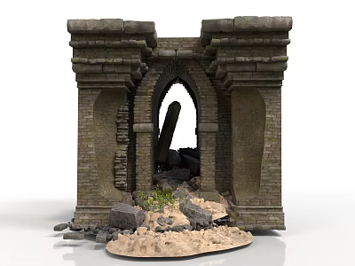 Ancient Stone Archway Ruins Featuring Broken Pillar Debris And Small Plants On Sandy Ground 3d model