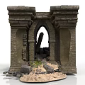 Ancient Stone Archway Ruins Featuring Broken Pillar Debris And Small Plants On Sandy Ground