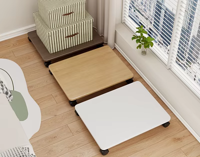 Different Colors Storage Shelves With Striped Storage Boxes Green Plant On Wooden Floor By Window 3d model