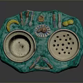 Colorful Ceramic Dining Table With Turquoise Top Yellow Trim And Decorative Bowls